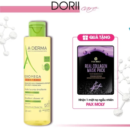 A-Derma Dầu Làm Sạch Cho Da Viêm Cơ Địa Đến Da Rất Khô Exomega control shower Oil 200ml + Mặt nạ PaxMoly