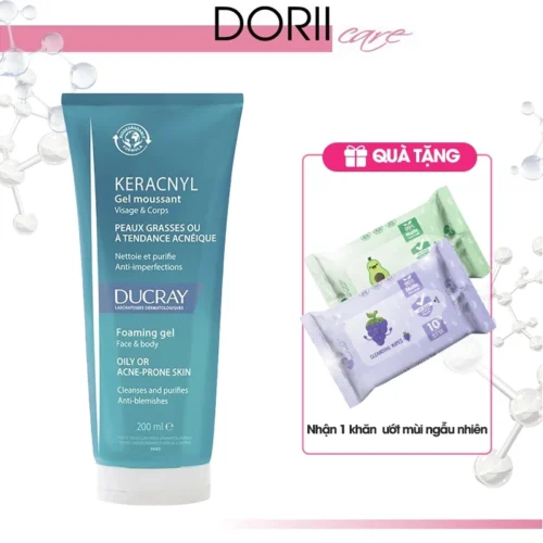 Gel làm sạch dịu nhẹ dành cho da nhờn mụn Ducray Keracnyl Foaming Gel 200ml tặng khăn giấy