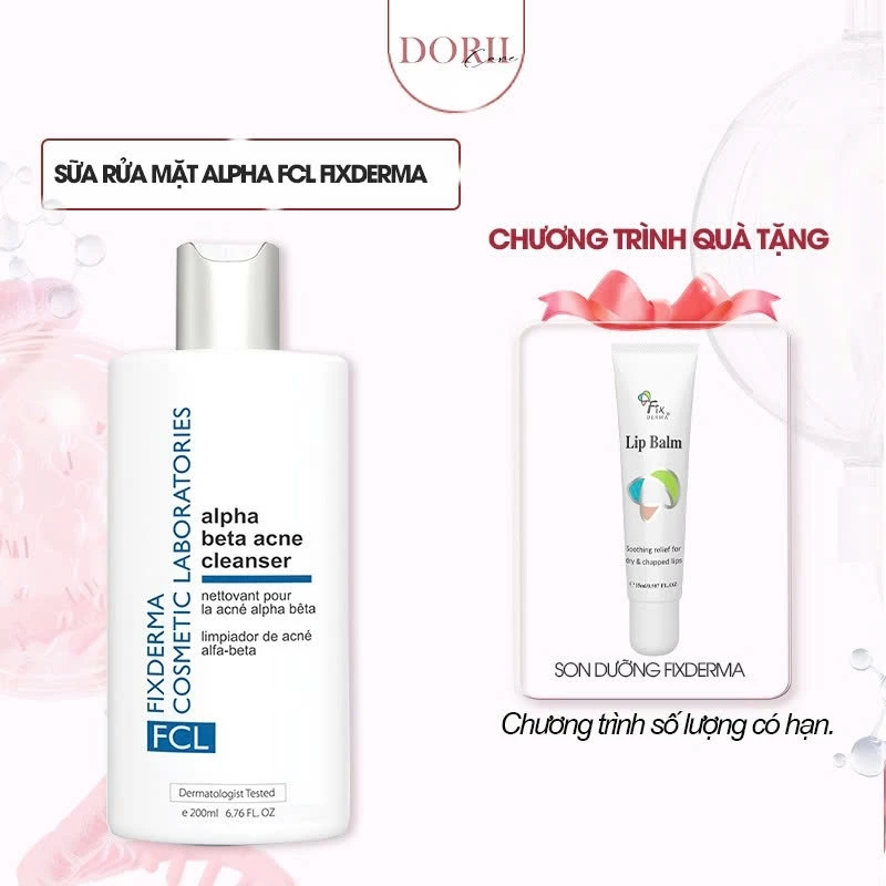 Sữa Rửa Mặt Fixderma Giảm Mụn Cho Da Nhờn FCL Alpha-Beta Acne Cleanser 200ml tặng KCN Evor