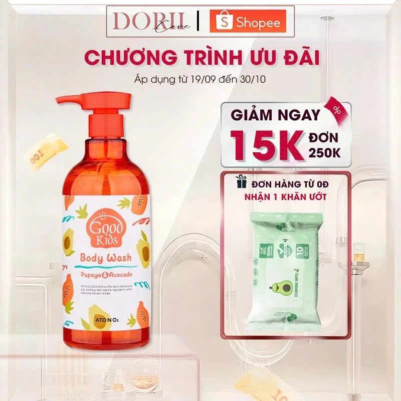 Sữa Tắm Dưỡng Ẩm, Làm Sạch Nhanh GOODKIDS Atono2 Cho Bé Từ 4 Tuổi 500 Gram tặng khăn ướt