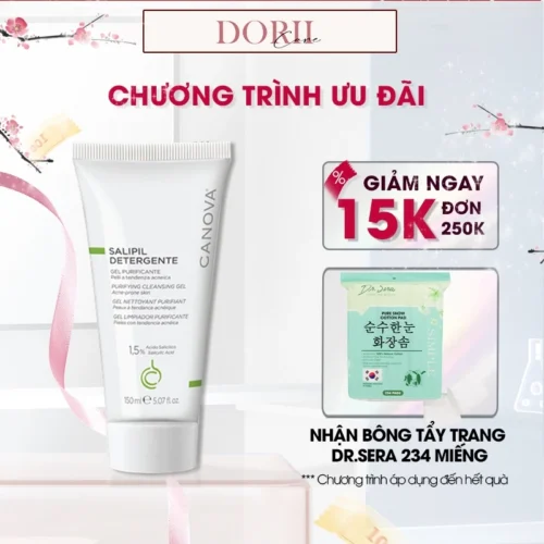 Sữa rửa mặt dạng gel làm sạch sâu ngừa mụn Canova Salipil Detergente – Purifying Cleansing Gel 150ml tặng BTT DR.SERA