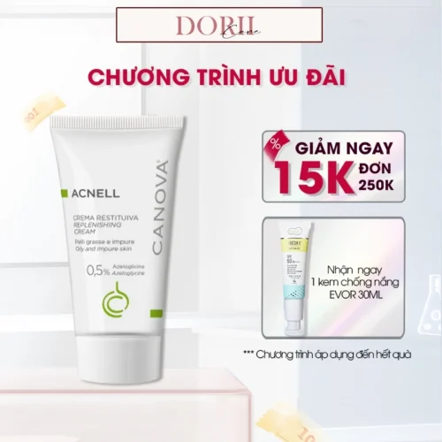 CANOVA Kem ngừa mụn ban đêm dành cho da mụn, da kích ứng nhạy cảm Canova Acnell – Replenishing Cream 50ml + KCN Evor