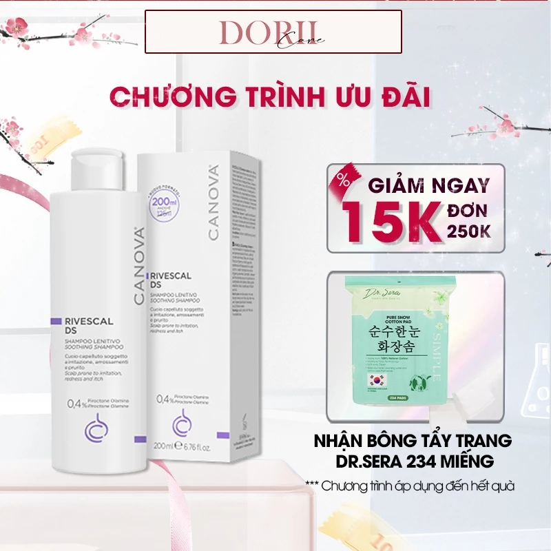 Canova Dầu gội làm dịu da, ngăn ngừa tiết bã nhờn dành cho da bị kích ứng da gàu Rivescal DS 200ml + BTT DR.SERA