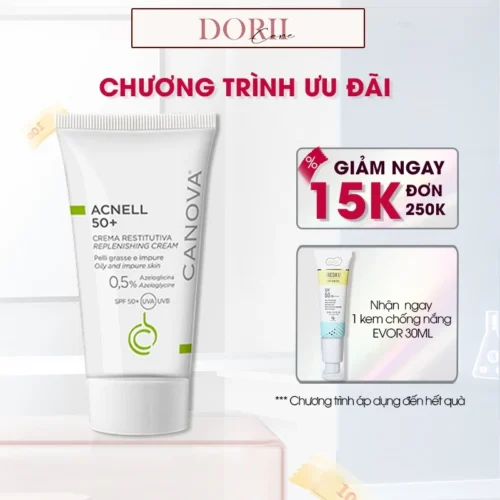 Kem ngừa mụn ban ngày dành cho da mụn, da kích ứng nhạy cảm Canova Acnell 50+ REPLENISHING CREAM 50ml + KCN Evor