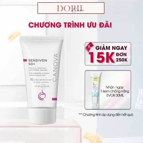 Kem làm dịu dưỡng ẩm ban ngày dành cho da nhạy cảm Canova Sensiven 50+ Soothing Cream 50ml + KCN Evor