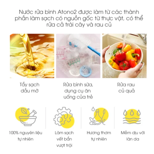 NƯỚC RỬA BÌNH, RAU CỦ QUẢ VÀ CHÉN BÁT THUẦN CHAY ĐẬM ĐẶC ATONO2 CHO BÉ TỪ 0M+ - HƯƠNG THẢO 480g tặng khăn ướt