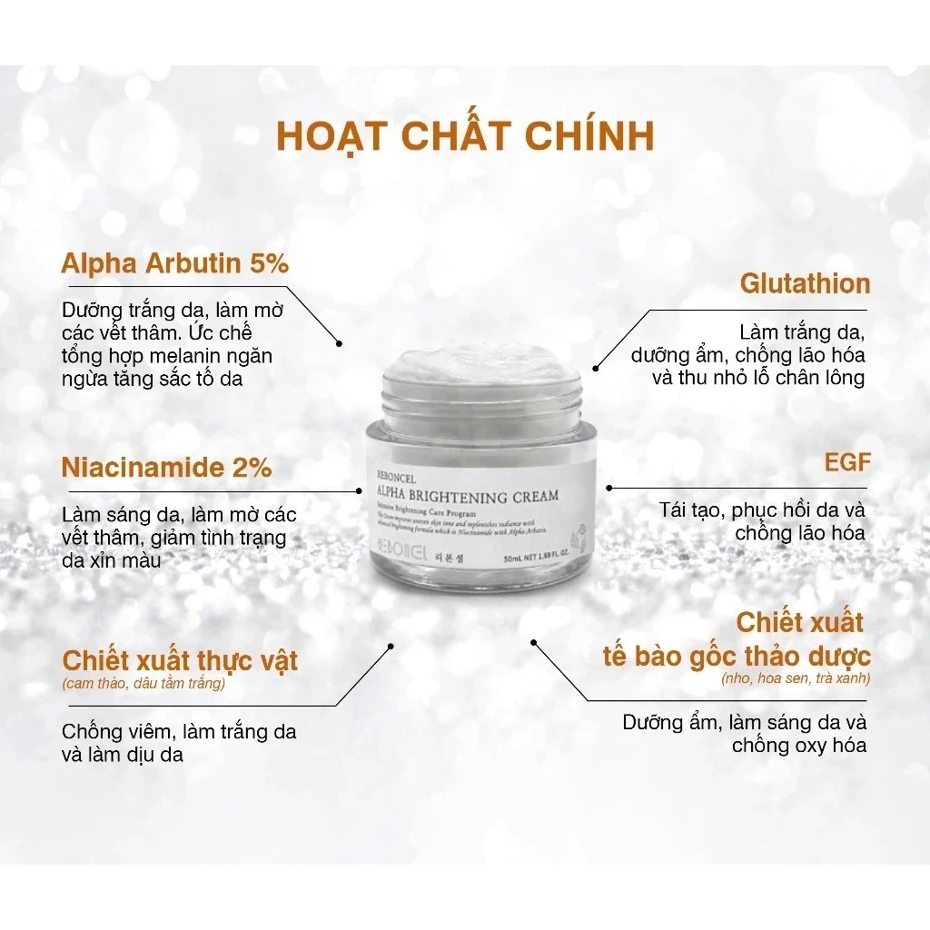 Kem làm trắng da, mờ nám Reboncel Alpha Brightening Cream 50ml tặng kcn EVOR + Minisize - Ảnh 2